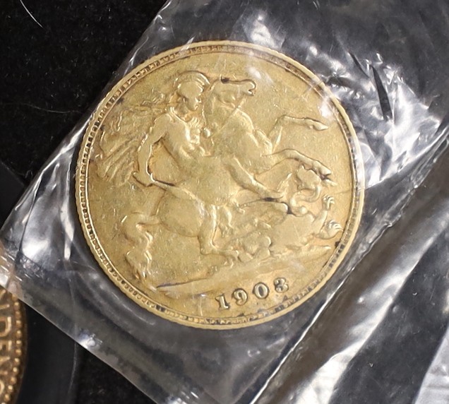 A Jamaica 1972 10th anniversary of independence proof gold $20, an Edward VII gold half sovereign 1903 and a China gold 5 yuan 1997